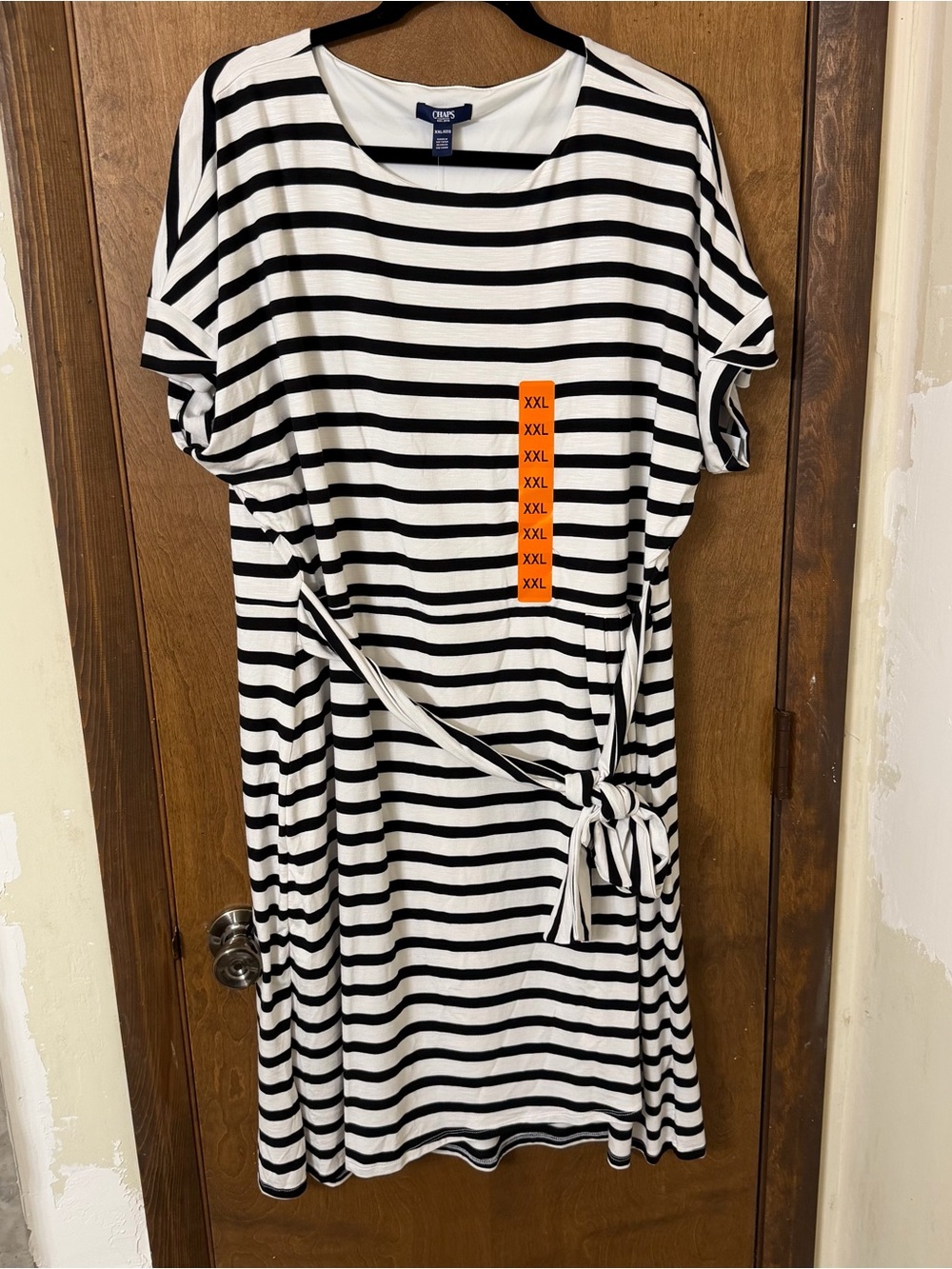 Chaps XXL Black & White Striped Crewneck Knit Dress with Waist Tie NEW